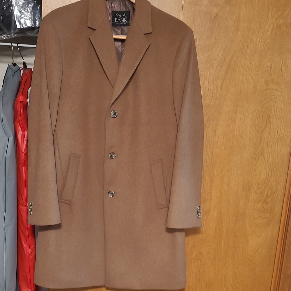 Men's Jos A Bank Brown Wool 3/4 lengh Coat polyester wool blend tan Med